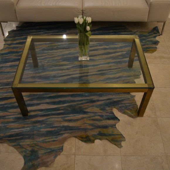 Cowhide Leather Rug Blue beige White Striped dyed - Picture 3 of 5